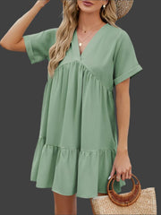 Elenora - Luźna Sukienka Krótka - Plisowany Dekolt V