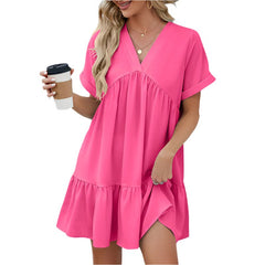 Elenora - Luźna Sukienka Krótka - Plisowany Dekolt V