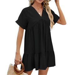 Elenora - Luźna Sukienka Krótka - Plisowany Dekolt V