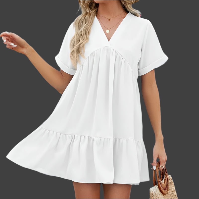 Elenora - Luźna Sukienka Krótka - Plisowany Dekolt V